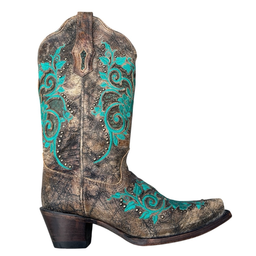 CORRAL Boots Dark Antique Saddle Floral  Turquoise Inlay & Studs 6.5 - Picture 2 of 16